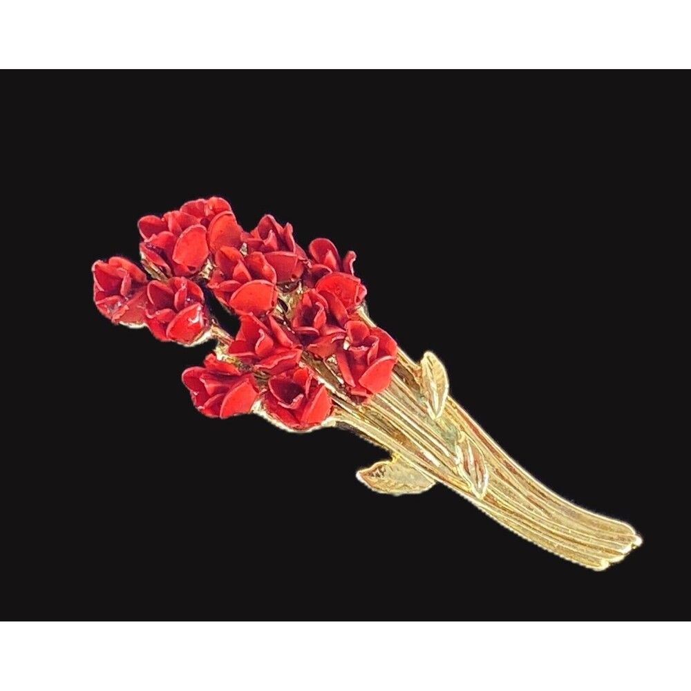 Vintage DM 97 Red Flower W/Dozen Roses Gold Tone Red Bouquet Brooch Pin